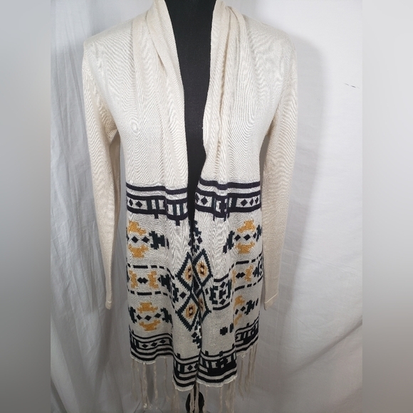 Altar"d State Ivory Aztec Print Long Sleeve Cardigan Sweater with Fringes Sz S - Picture 2 of 9